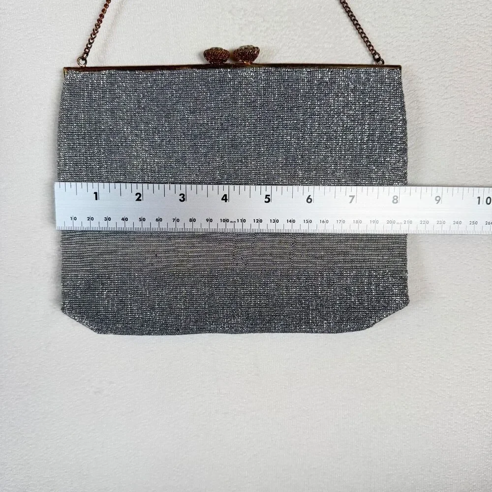 Vintage Made in France Silver Beaded Evening Bag Rhinestone Kiss Lock Purse